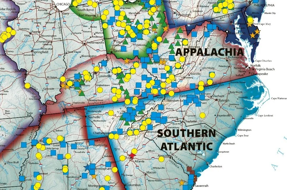 Map of the CRH Americas Materials Appalachia Division and neighboring regions across the eastern United States